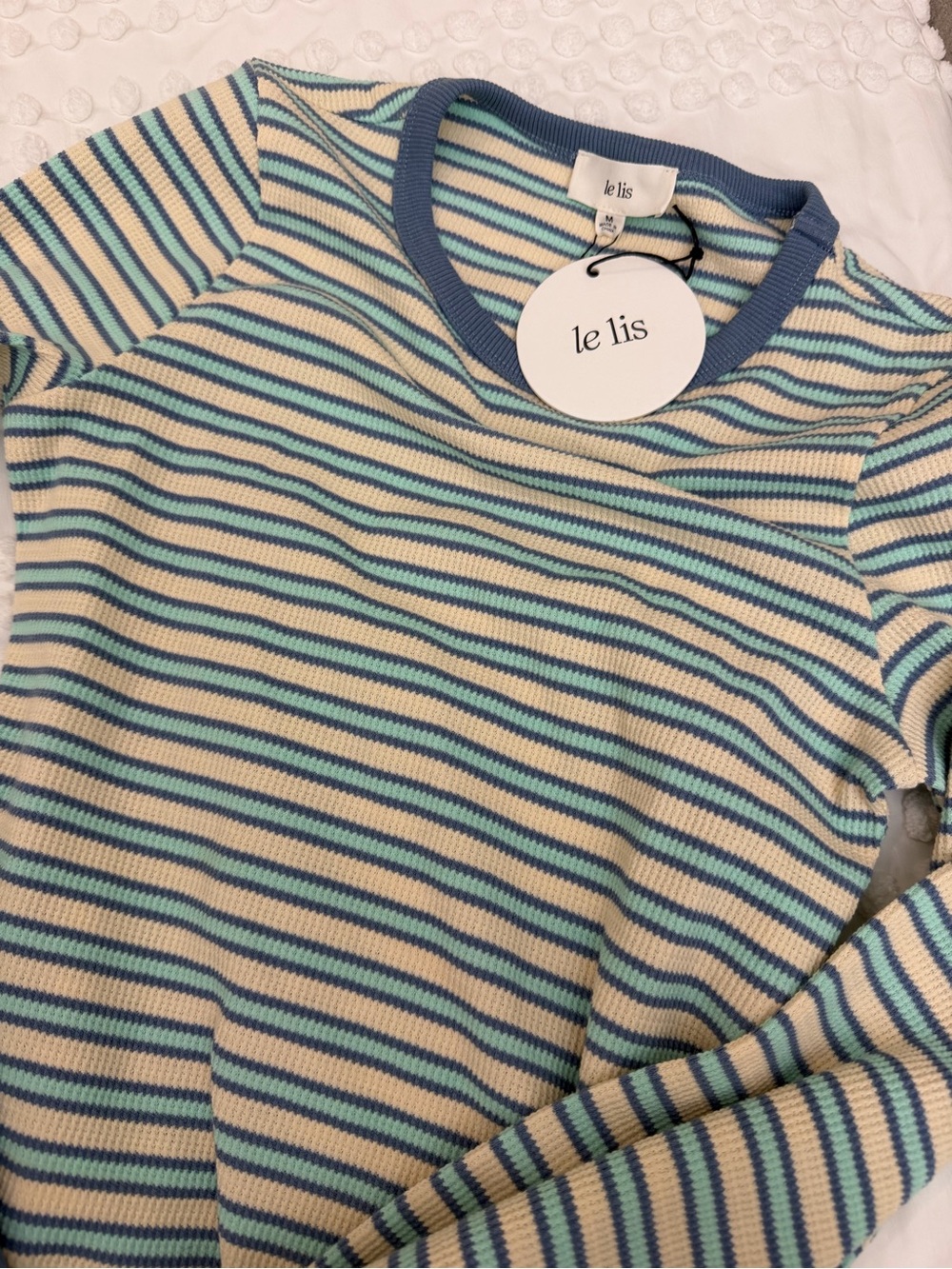 New Trendy These Three Boutique Casey Striped Top-Ivory Blue Medium BNWT Comfy - Picture 6 of 10